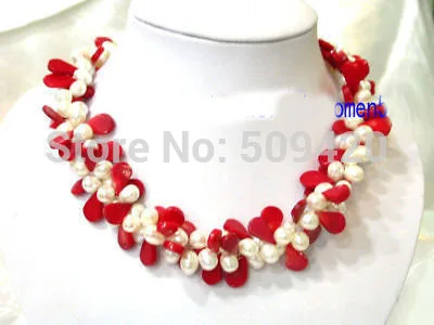 

~~ W&O655 >>Authentic crude 8mm white pearl and red coral Necklace