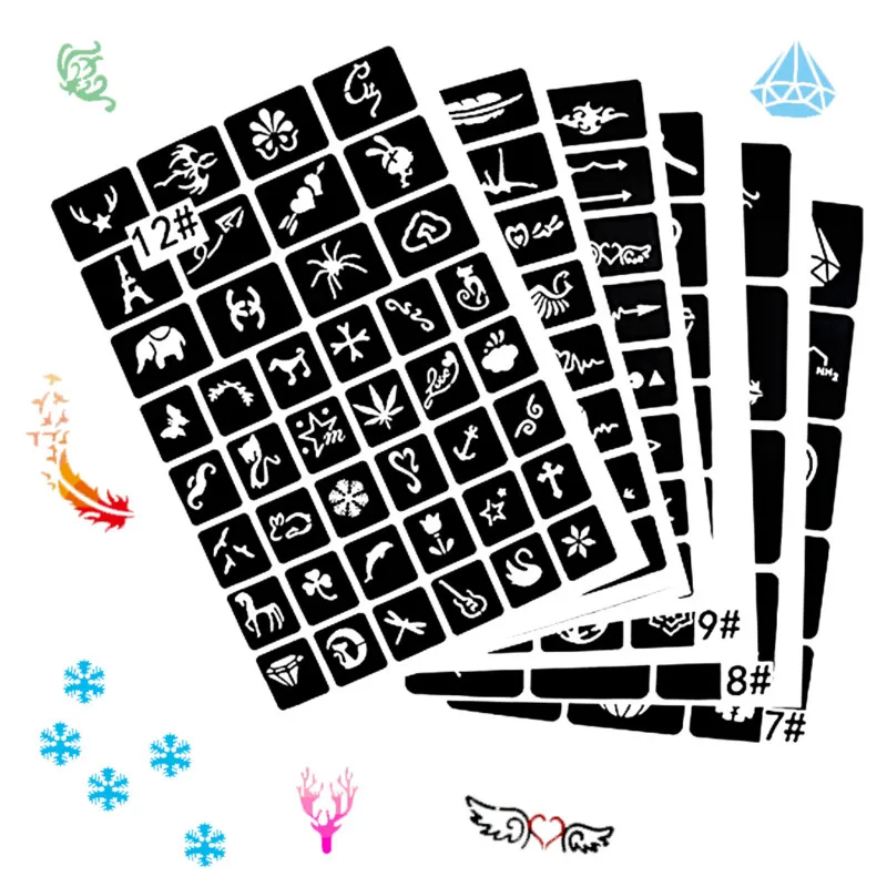 6 Sheet 141pcs Small Tattoo Stencils Reusable Body Art Glitter Tattoo Stencil Sticker Temporary Airbrush Tattoo Face Painting 446pcs lot body art reusable sticker stencils book for tattoo painting template airbrush glitter pirate tattoo stencil set album