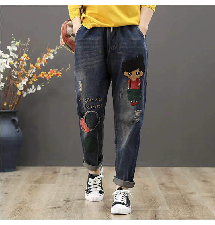 Джинсовые штаны-шаровары с вышивкой в виде куклы из мультфильма, женские свободные джинсы mori girl