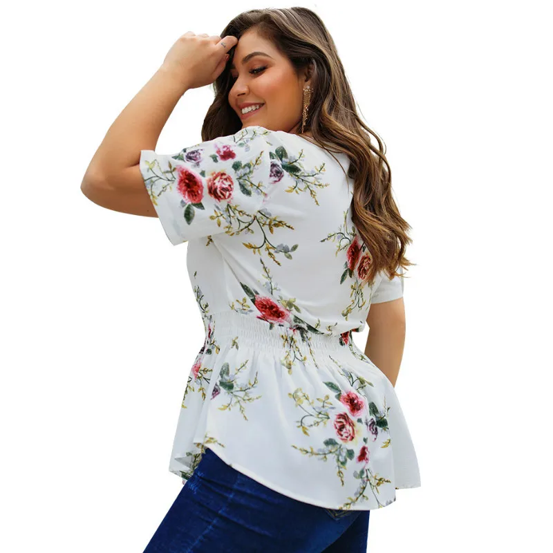 Plus Size Women Blouse Shirts Boho Sexy Printed Shirt Woman Tops 4 XL Big Size White Khaki Blusas Zippers Oversized Female A025