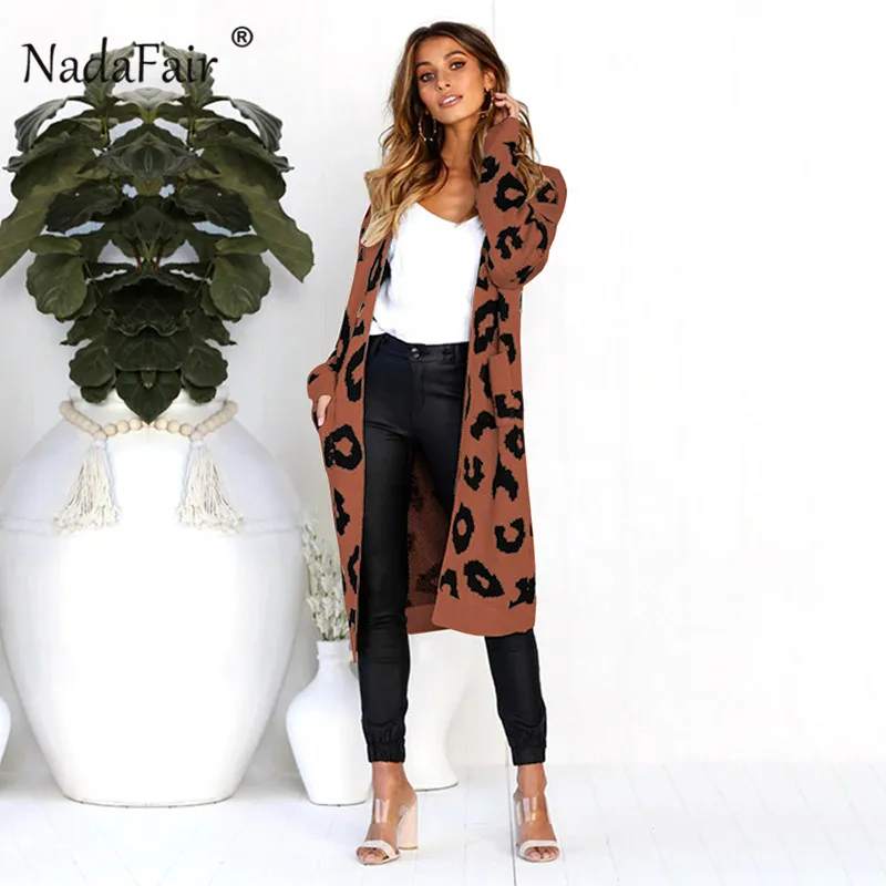 Nadafair леопардовым принтом длинные кардиганы для женщин женская зимняя одежда Открыть стежка осень карманов тонкий повседневное вязаный