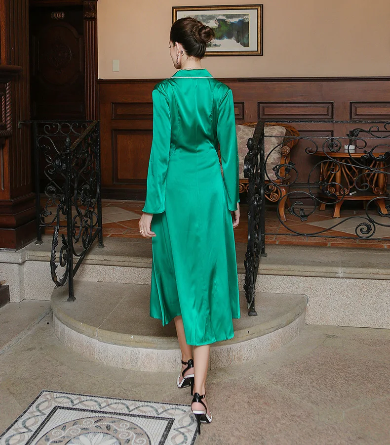 VOA осенняя Зеленая Шелковая ночная рубашка с длинными рукавами простая Роскошная шелковистая одежда для сна плюс размер женская ночная рубашка элегантное женское платье NLX00701