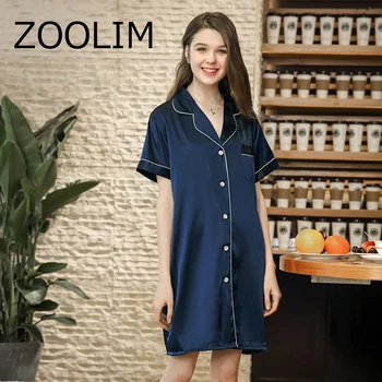 

Women Nightgowns Fashion Satin Sleepwear Nightshirts Short Sleeve Silk Casual Loose Night Shirts Summer Sleepshirts Nightdress