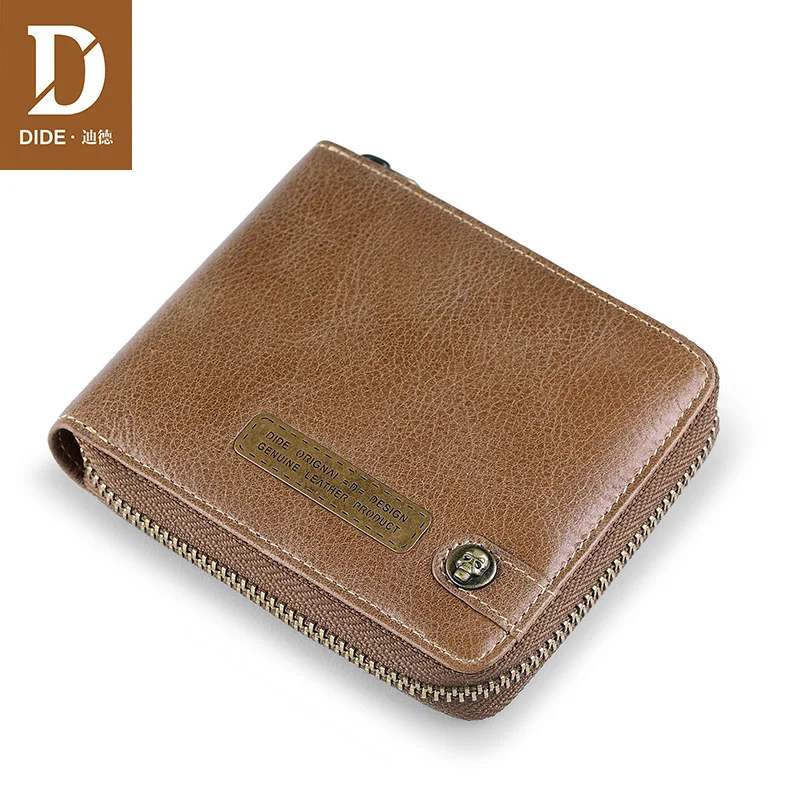 

DIDE high quality Wallet for Men Leather Genuine Men's Vintage Cowhide Metal LOGO design Short Purse Zipper Coin Clutch bag