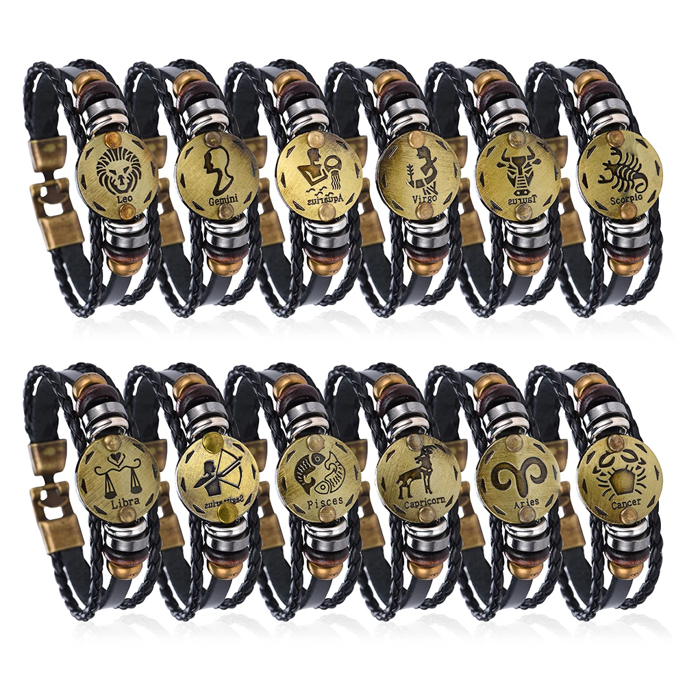 

NEW Birthday Gift punk Zodiac Signs Aries Leo Bracelet Constellations charm men bracelets Virgo Pisces Pendant Women DropShiping