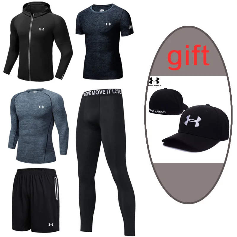 

2019 Under Armour Men training Sport Suit Outdoor Running Sets Male Gym Fitness Clothing Quick drying 5 pieces Black
