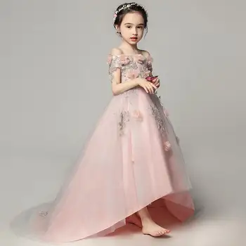 

2019 Kids Girls Lace Mesh Trailing Prom Gowns Teen Girls Wedding Formal Party Dress Children Appliques Princess Vestidos Q342