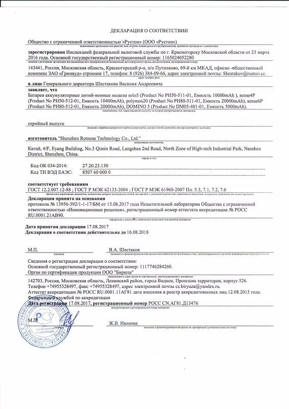 Declaration of conformity of the Custom Union