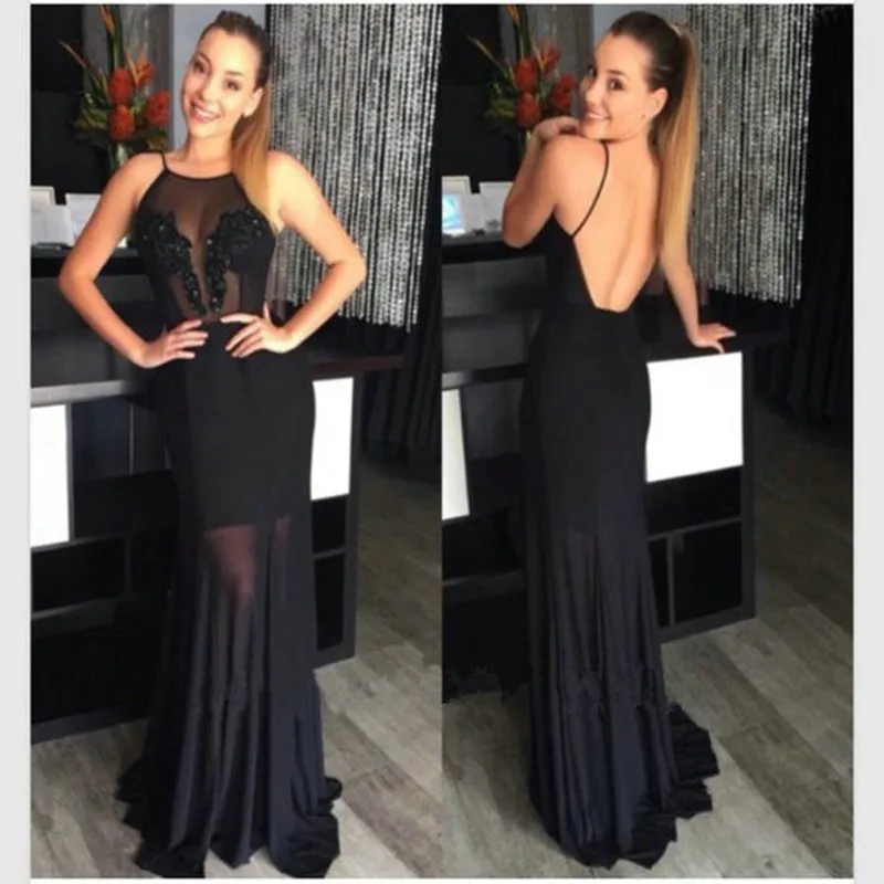

Cheap Black Long Prom Dresses 2018 Open Back Spaghetti Strap Evening Dress Long Chiffon Gown robe de soiree ZZ975
