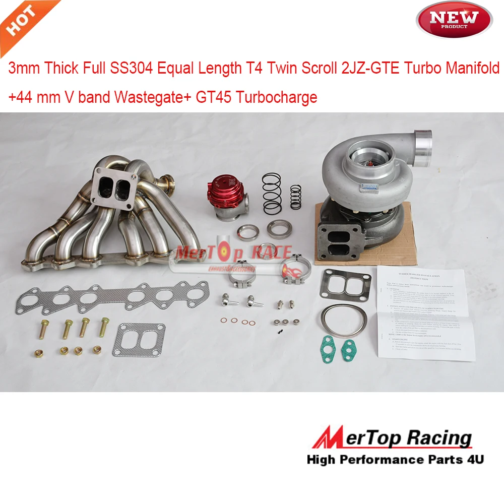 

MERTOP Full SS321 Equel Length 3mm T4 Divide Supra 93-98 2JZGTE 2JZ Turbo Manifold +44mm V band wastegate +GT45 TurboCharge