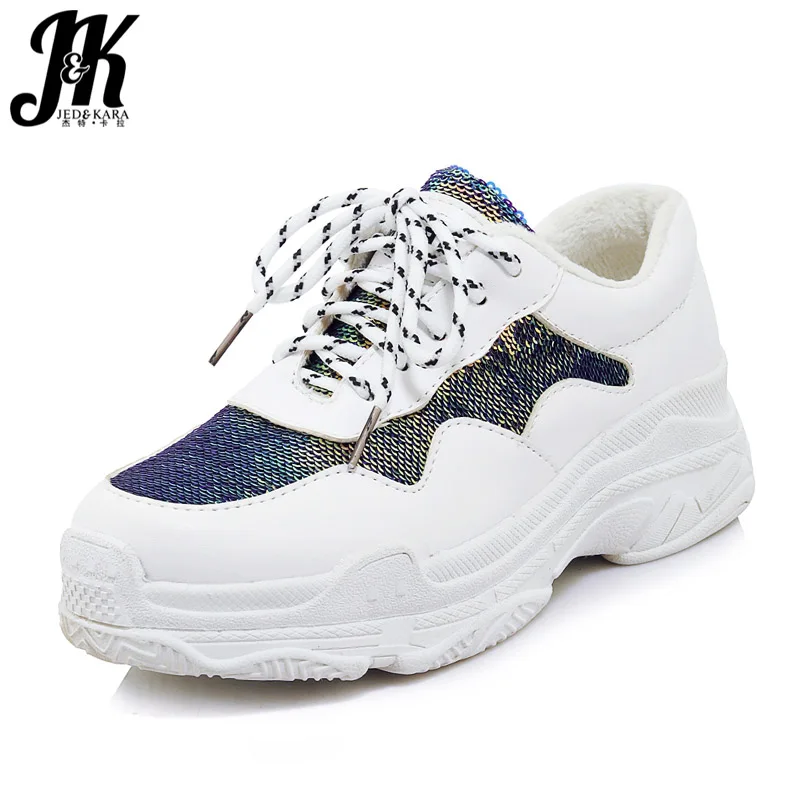 

JK Autumn Women' S Vulcanize Shoes Round Toe Mesh Bling Footwear Cross Tied Girl Clunky Platform Shoes Female Sneakers Shoes