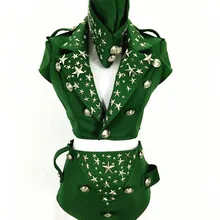 Женский ночной клуб сценическое шоу представление Мода сексуальный военный треугольник шляпа куртка короткий набор dj армейский зеленый костюм боди