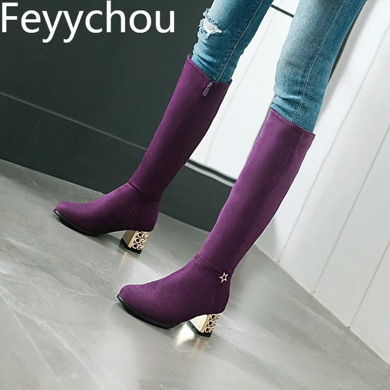 

Women's Boots Autumn Winter High Heel Flock Round Toe Knee-high Zip Motorcycle Boots Metal Decoration 2019 Sexy Fashion Black