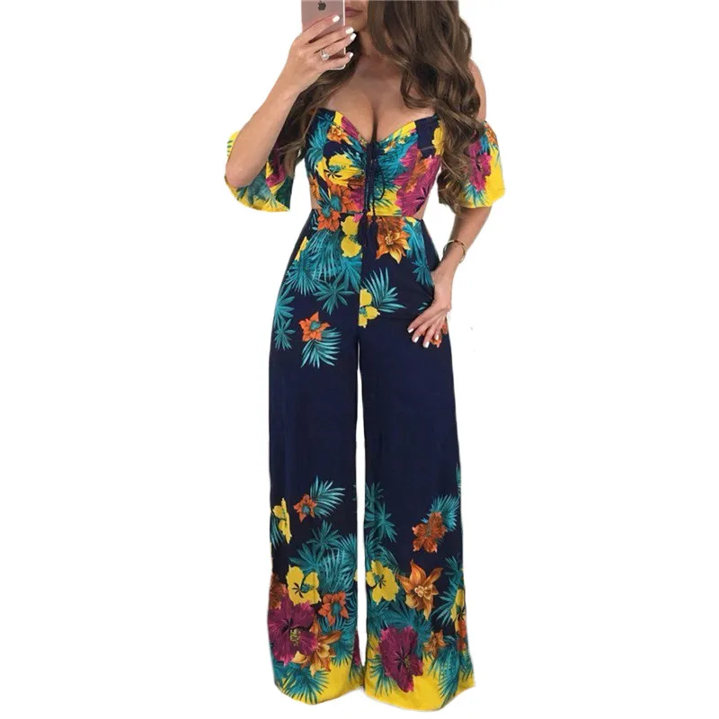 

Hot summer print jumpsuits rompers Off Shoulder clubwear holiday boho playsuits bandage backless wide leg Trousers 2018 overalls