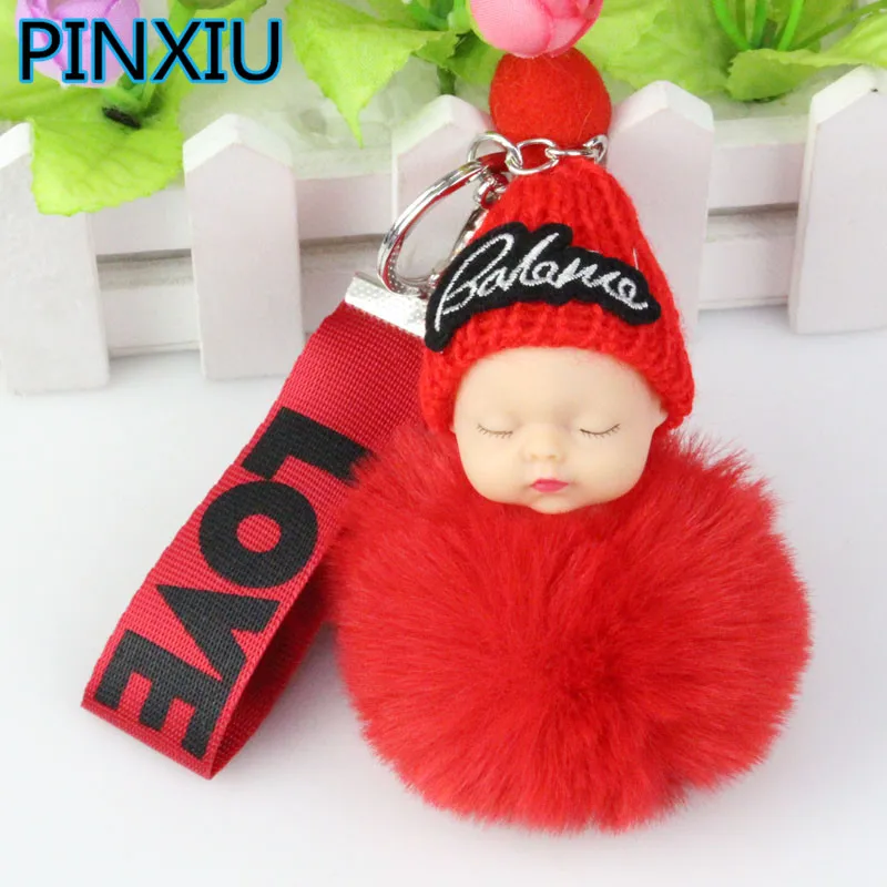

PINXIU Sleeping Baby Doll Keychain Rabbit Fur Ball Key Chain Car Keyring Women Key Holder Bag Pendant Charm Accessories YSK19