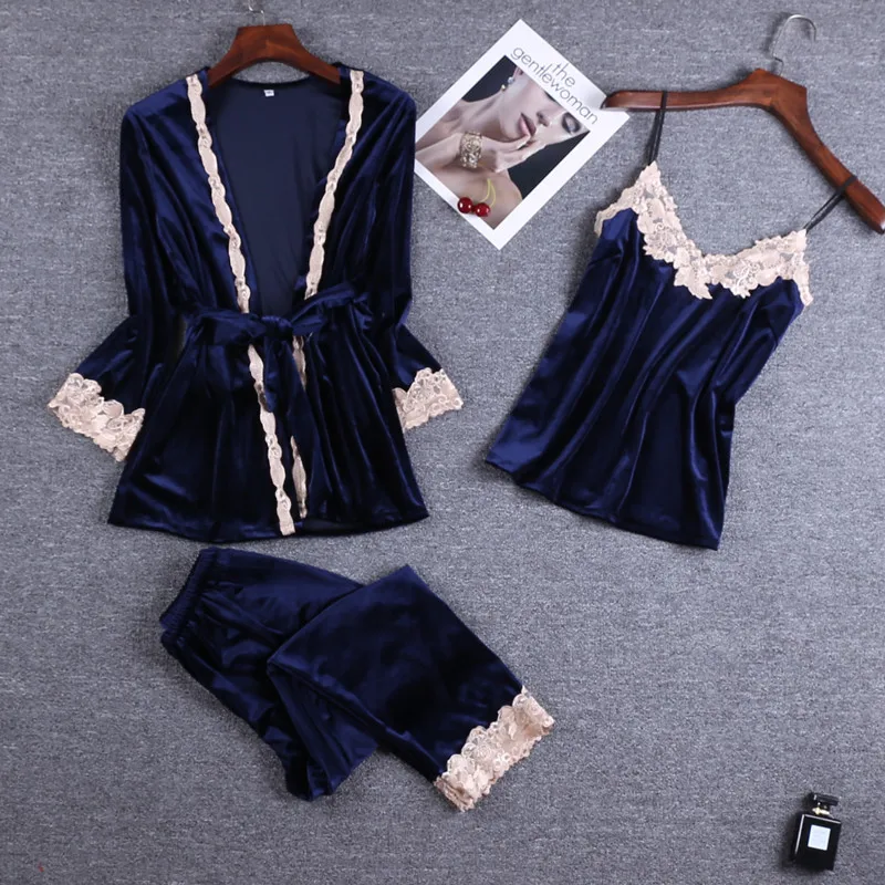 

Gold Velvet 3PC Pajamas Set Autumn Winter Warm Women Sexy Pajamas Sleepwear Sleeveless Strap Nightwear Long Pant Robe