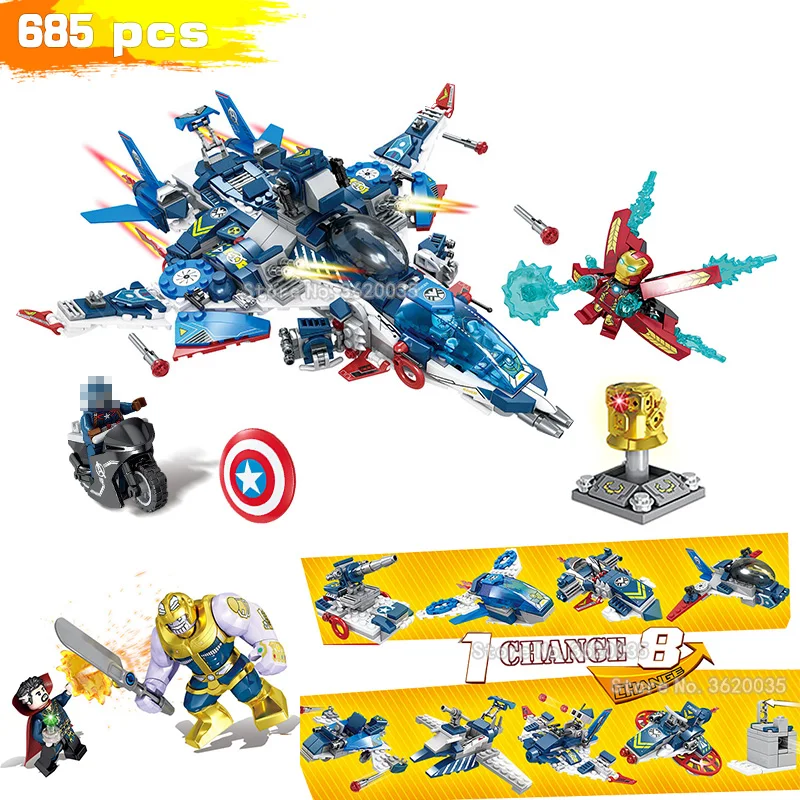

Marvel Fighter Motorcycle Iron Man Building Blocks model Unlimited War 8In1 Armed Aircraft Figures Weapons Gift Toys Legoinglys