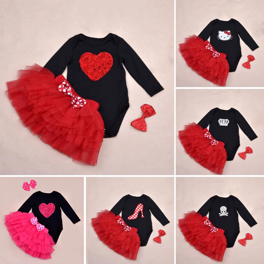 Baby Ruffle Skirts Set Lovely Cat print Girls Saia Tutu Pettiskirt Party Dance Skirt Sets Crossbones Bodysuit and Headband