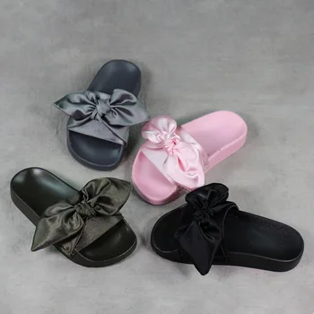 

MAGGIE'S WALKER Girls Silppers Mother Daughter Shoes Rihanna Luxury Silk Bowknot Slides Kids Girl Beach Slippers Indoor Shoes