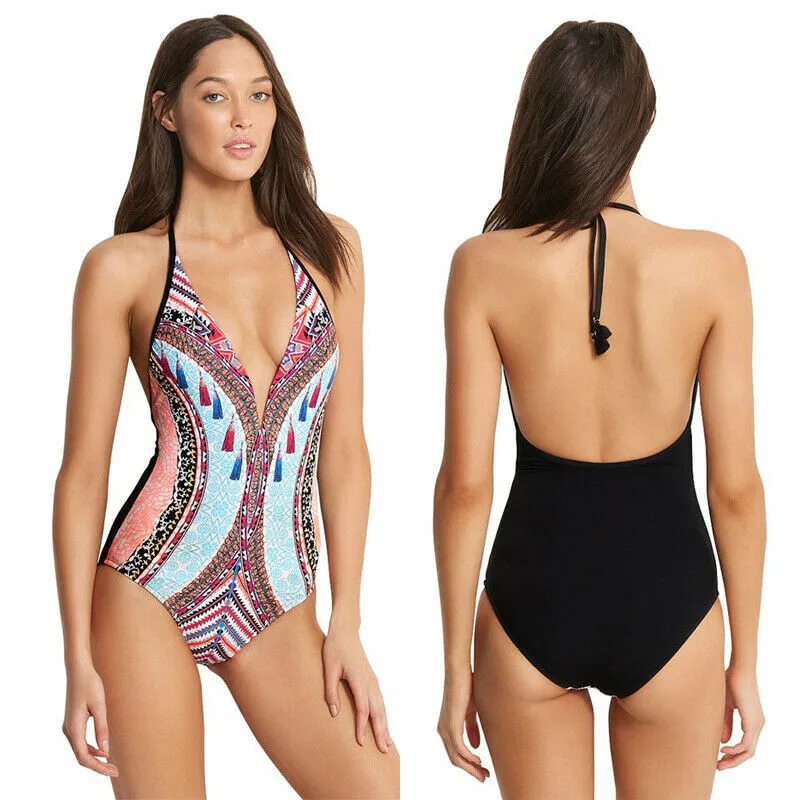 

Sexy Print Bandage Backless Womens Swimwear One Piece Swimsuit Monokini Push Up Bikini Bathing Beachwear