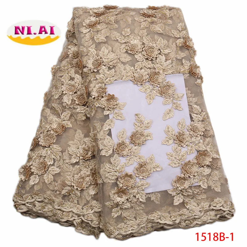 

High Quality Embroidery African Flower Lace Fabric With Beads Nigerian 3D Applique Lace Fabrics For Wedding Dress XY1518B-1