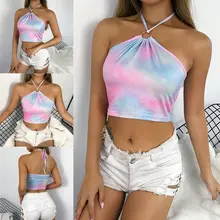 Модные женские секси галстук-краситель повесить за шею Strappy укороченный топ без рукавов Блузка футболка короткая укороченный топ без рукавов майка