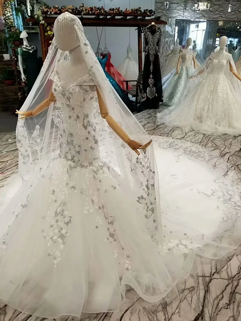 LS087841 Элегантный свадебное платье "Русалка" с длинными кружево вуаль О образным вырезом кепки рукава скандальное свадебное платье среди 2018