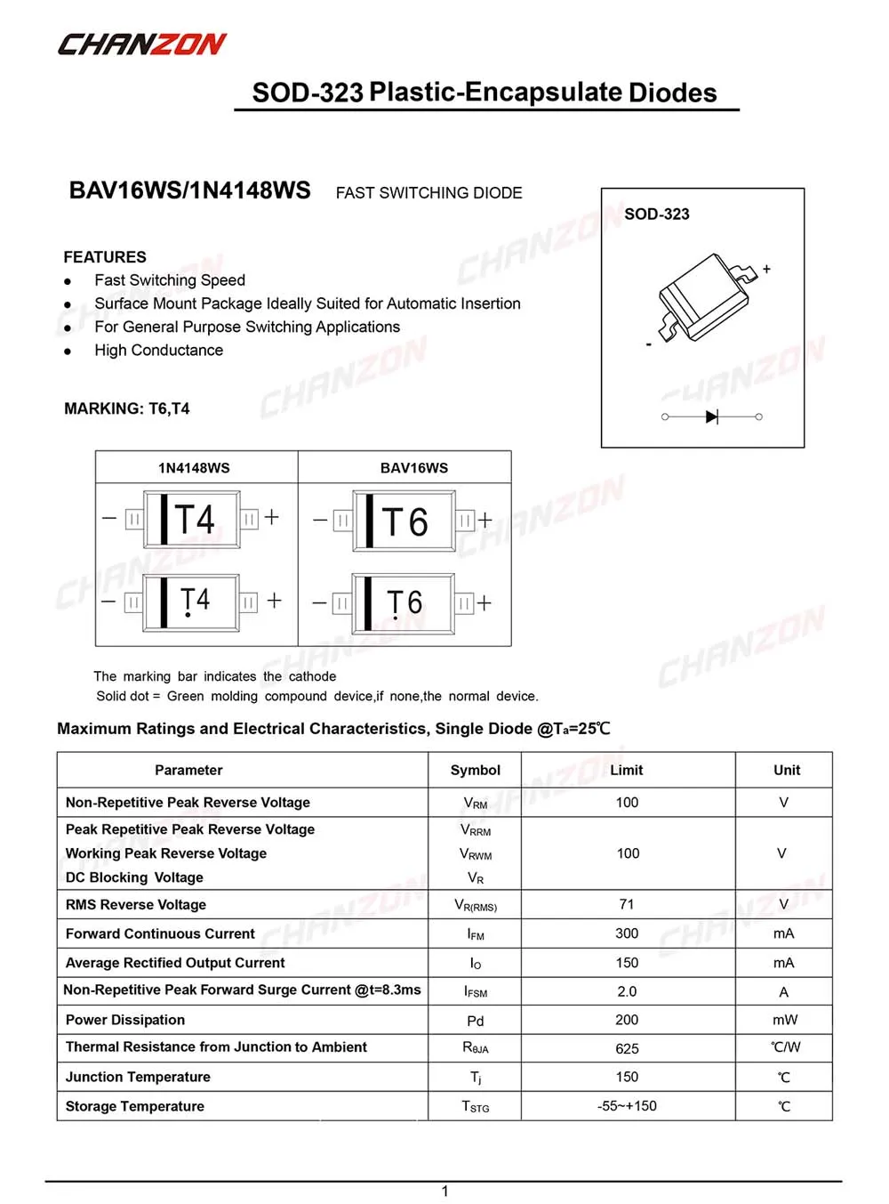 (100 шт.) 1N4148WS SMD малый сигнал быстрое переключение диода 150мА 75 в SOD 323 IN4148WS 150 мА