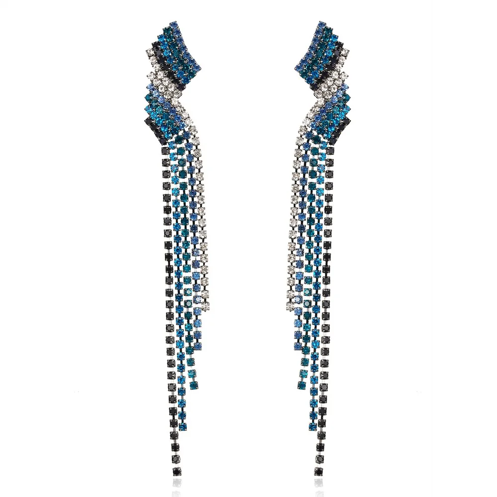 HTB1QOxrerus3KVjSZKbq6xqkFXa6 - Blue Color Rhinestone Long Tassel Drop Earrings for Women Geometric Earing Bridal Wedding Engagement Jewelry Accessories Gift