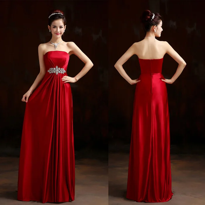 2015 Elegant And Simple Sleeveless Strapless Bridesmaid Dresses Long Red With Rhinestone Plus Size | Свадьбы и торжества