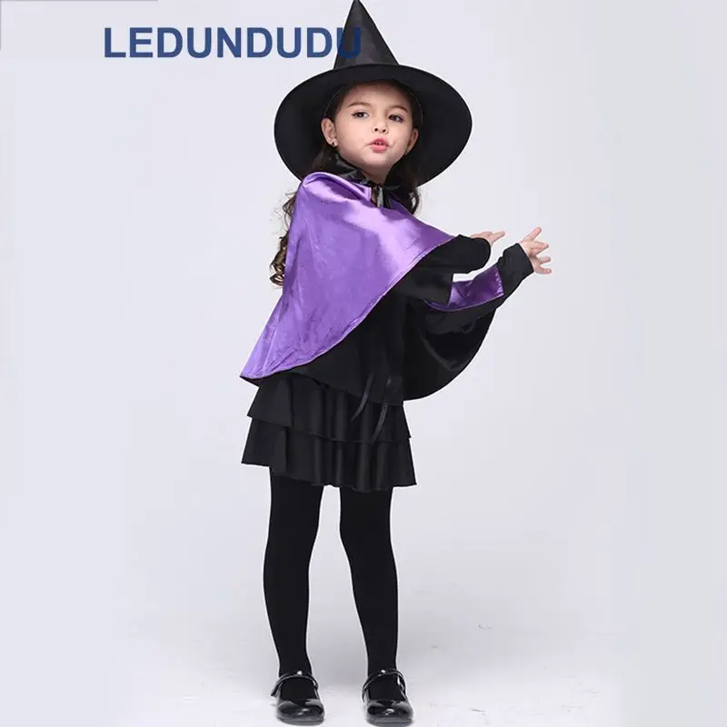 Kids Purple Witch Cosplay Costume with Hat Children Halloween Party Holiday Performance Clothes Girls Black Magic Witch Dress (6)