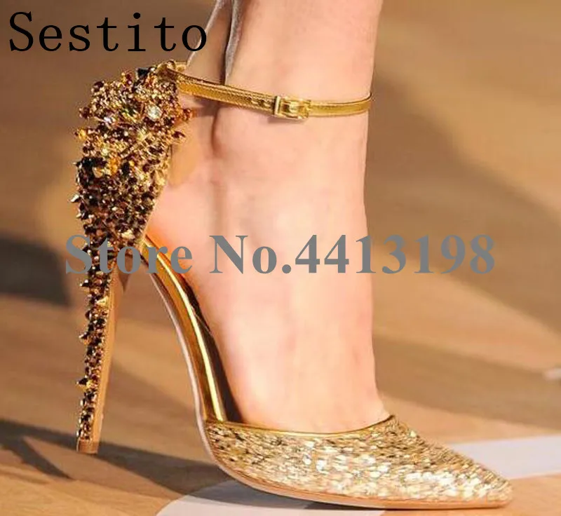 

Sexy Gold Party Shoes Pointed Toe 12 cm Heels Elegant Women Pumps Buckle Summer Diamond sequins New Women Shoes