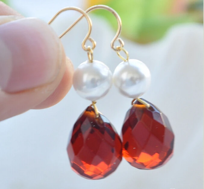 

Free shipping@@@@@ P4196 17mm red Teardrop faceted crystal white round pearl dangle earring 6.10