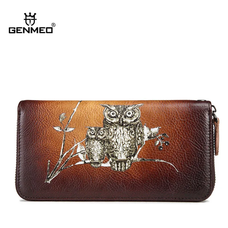 

GENMEO New Arrival Genuine Leather Wallet with 3D Owl Pattern Vintage Cow Leather Clutch Wallets with Coin Purse Bolsa Feminina