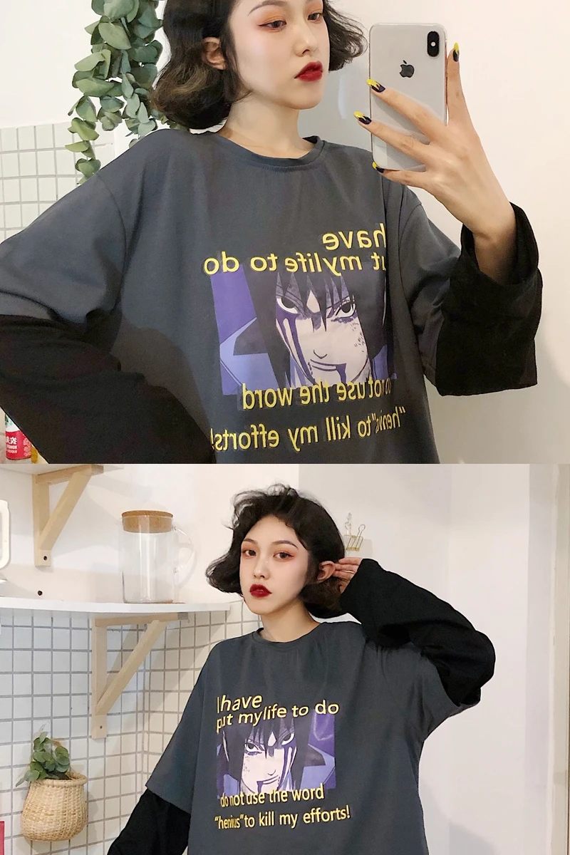 Camisetas Mujer, осенняя женская футболка, Корейская уличная футболка Ulzzang Harajuku с мультяшным принтом, футболка с длинным рукавом, женские топы