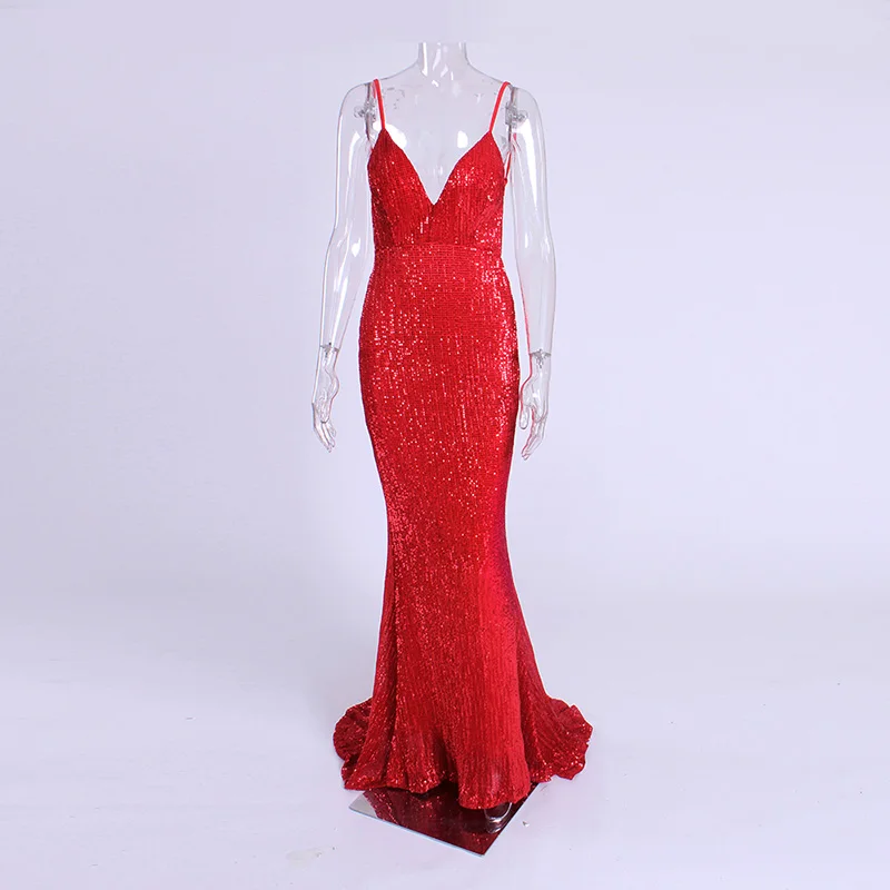 sexy red Sequined Evening maxi dress Backless Deep V Neck wedding party dress sleeveless floor length mermaid dress gown - Цвет: Красный