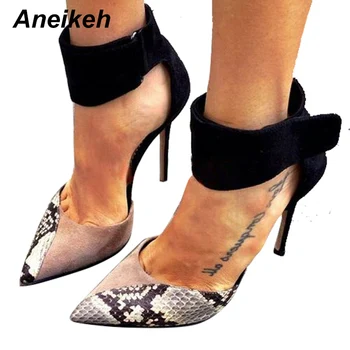 

Aneikeh 2018 Newest Fashion Pointed Toe Single Shoes Women Heels Office Lady Vogue Sexy Snake Pattern Pumps Size 35-40 Black
