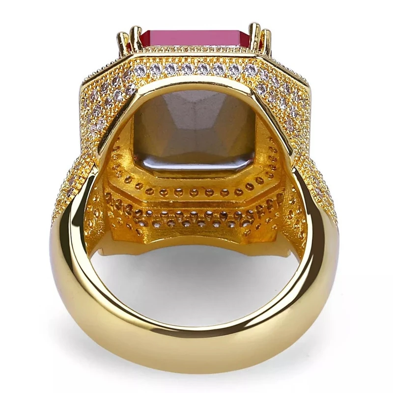 Iced Out хип-хоп кольцо золотого цвета кубический циркон большое кольцо с красным камнем Модные мужские и женские ювелирные изделия подарок для влюбленных Z3C173