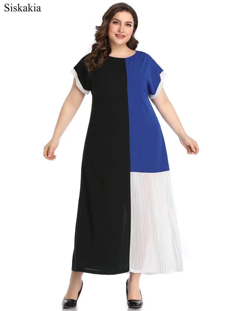 Siskakia Fashion Color Block Stitching Dress For Women Euro and American Round Neck Short Sleeve Big Size Female Dress Summer  (2)