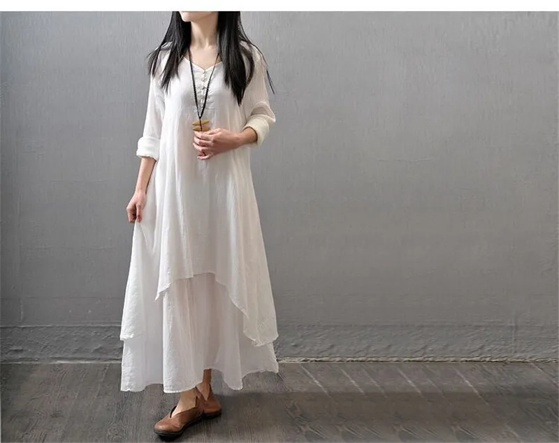 AIDAYOU Big Size Maxi Dresses Women False Two-piece Long Sleeve Cotton Linen Dress Casual Boho Plus Size Dress 4XL 5XL ouc3340