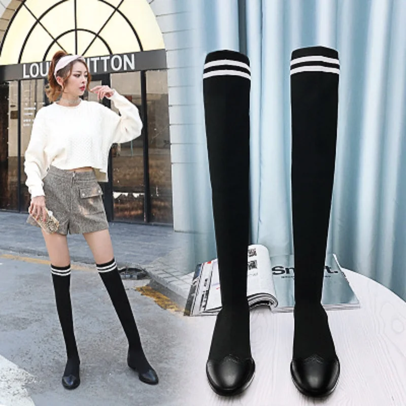 

MoBeiNi 2018 autumn and winter new female long boots flat bottom over the knee boots stretch socks boots wild black microfiber