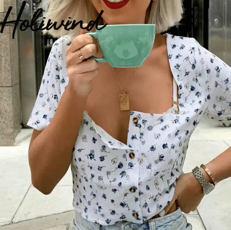 

2019 Women Square Collar Short Sleeves Floral Print Blouse Summer Short Tops With Buttons Vintage Floral Crop Top