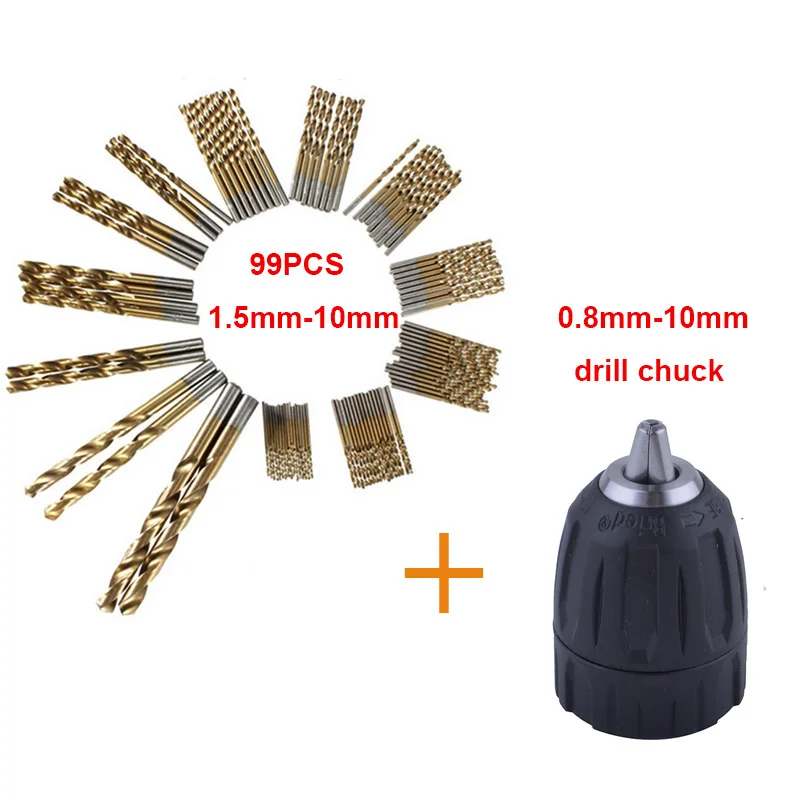 

Keyless Drill Chuck Converter Tool 0.8-10mm+99 Pieces Titanium HSS Drill Bit Set Tool Twist Drill Bits 1.5mm-10mm Brocas