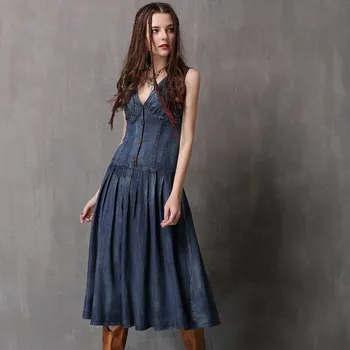 

Brand women's clothing 2018 summer new vest waist jeans dress retro V collar repair dress