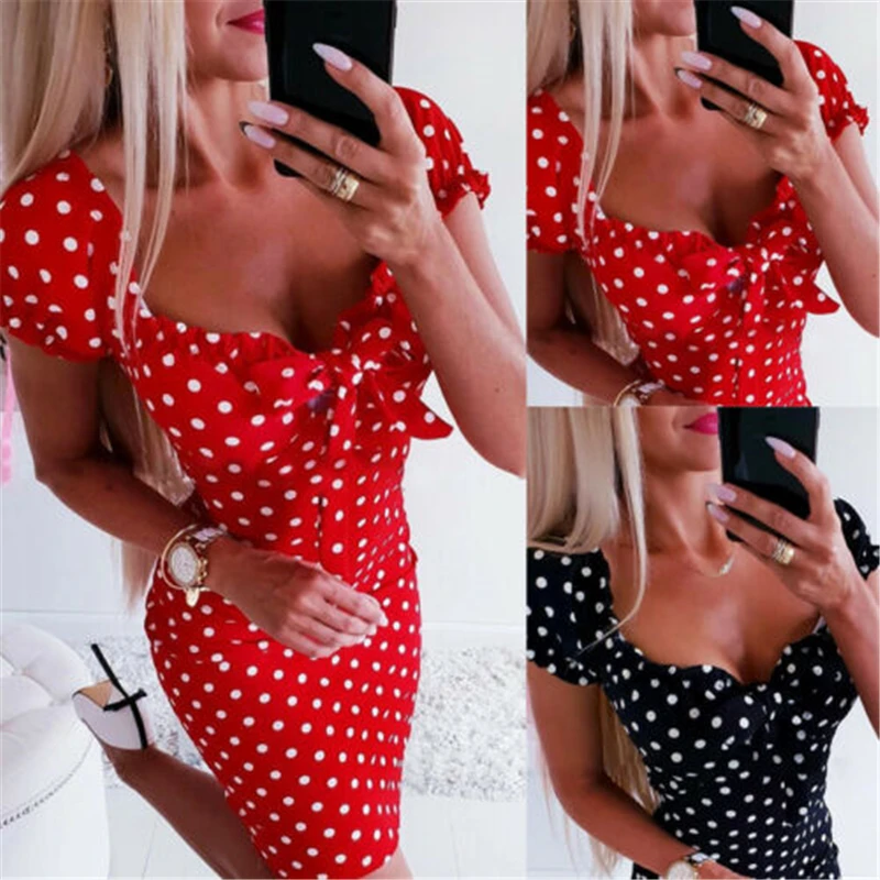 جديد المرأة عارضة الصيف البولكا نقطة قصيرة الأكمام اللباس Bodycon حزب البسيطة فستان الشمس