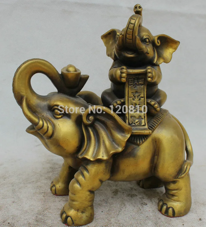 

9" Chinese Copper Feng Shui Folk Wealth Auspicious Two Elephant Statue Sculpture