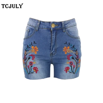 

TCJULY Fashion Flowers Embroidered Denim Shorts Cotton Casual Bleached Washed Jeans Shorts Streetwear Push Up Ladies Short Pants