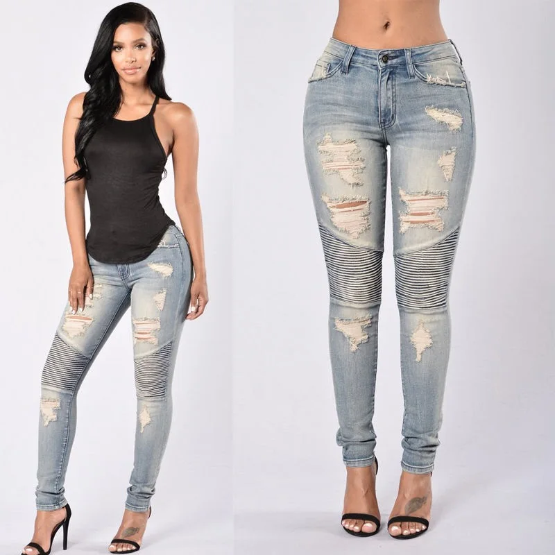 Ladies Stretch Ripped Sexy Skinny Jeans Womens High Waisted Slim Fit Denim Pants Slim Denim