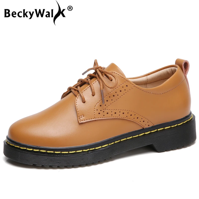 

BeckyWalk Women Black Dress Shoes Autumn Lace Up Women Shoes Genuine Leather Fashion Boat Shoes Moccasins Shoes Woman WSH2869