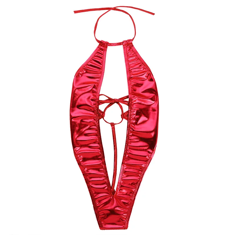 Женские комбинезоны из лакированной кожи, Цельный купальник с глубоким v-образным вырезом, боди с открытой спиной, боди - Цвет: Красный